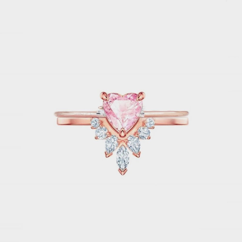 925 Sterling Silver Rose Gold Vermeil Pink Heart Double Layered CZ Ring for her